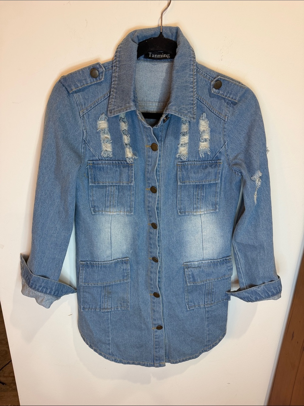 Tanming Light Blue Distressed Women’s Denim Shirt Jacket (Shacket), XS